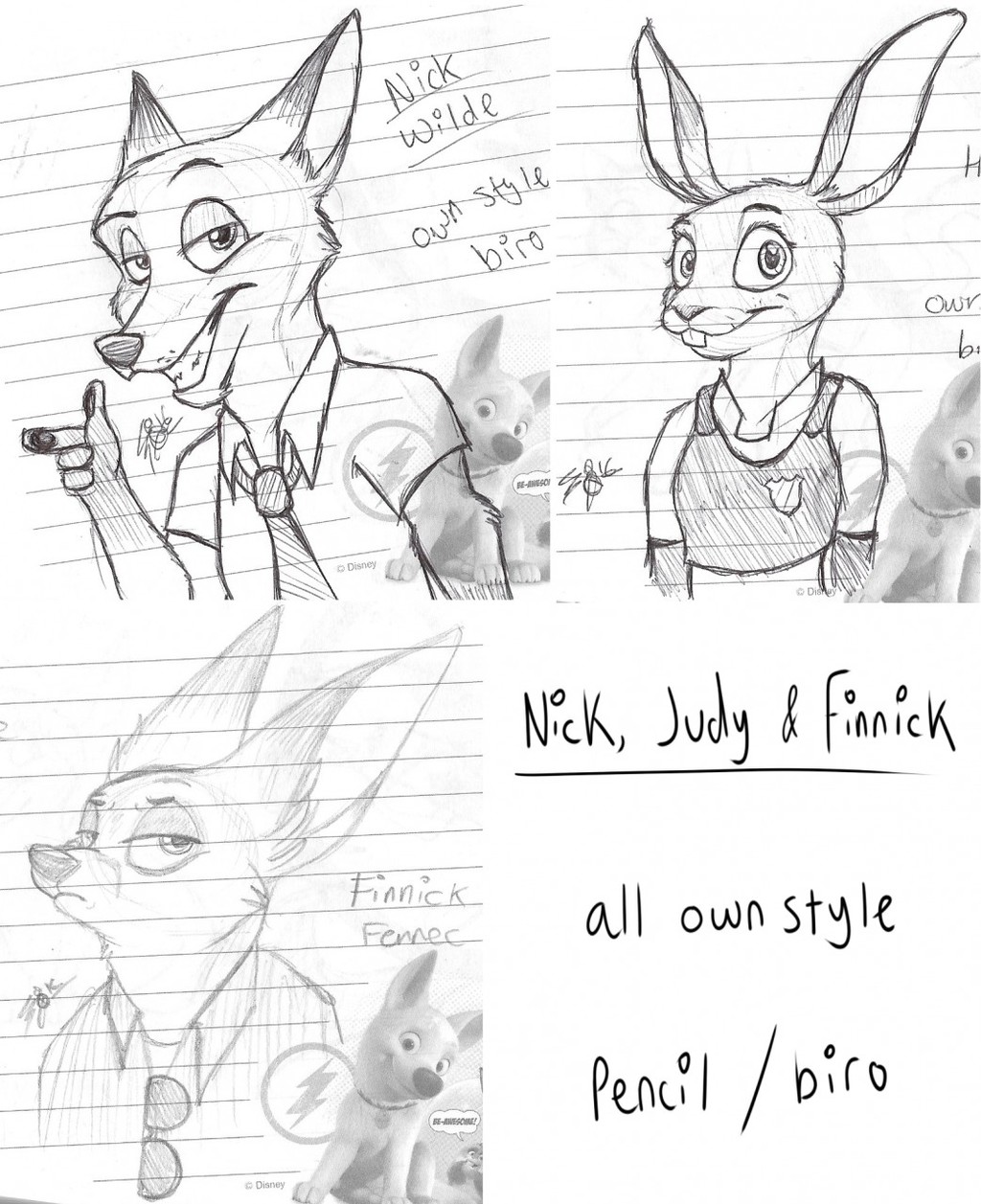 Nick, Judy and Finnick Traditional Sketches
