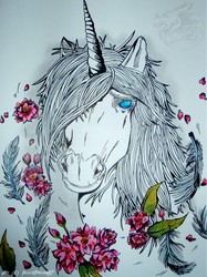 [Indian Ink art] Unicorn and Japanese cherry trees ...