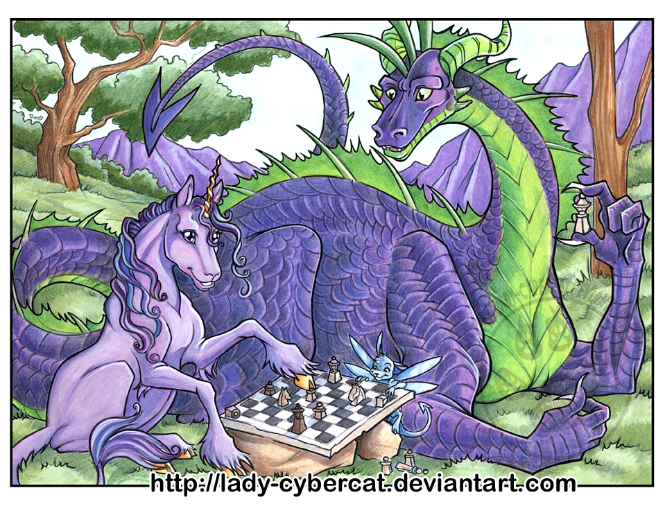 Dragon & Unicorn Playing Chess