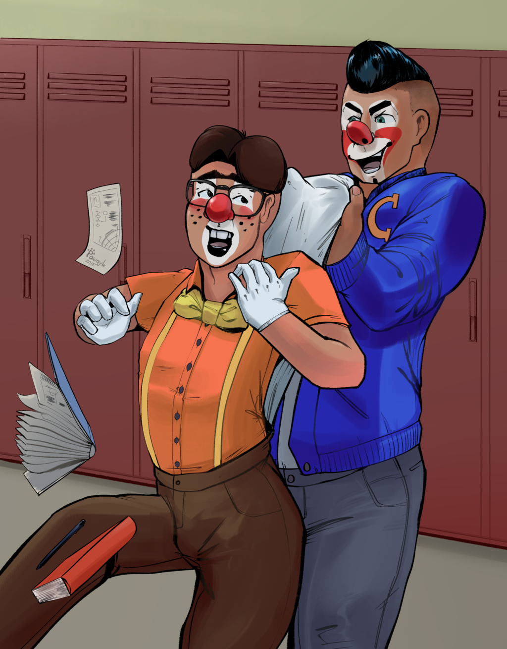 Clown bullying a nerd