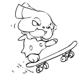 Snubbull riding a skateboard