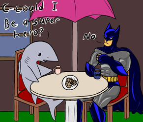 Batman and a shark have cookies and hot cocoa