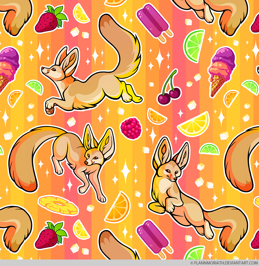 Fennec Foxes with Summer Fruit and Ice Cream Pattern