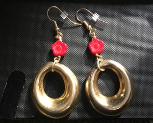 Red and Gold Floral Hoop Earrings 