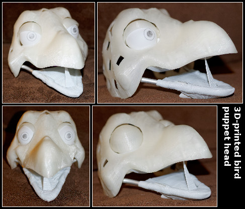 3D-printed bird puppet-head with movable eyelids