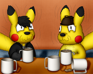 Ace Spade and Detective Pikachu's "Coffee-Drinking Contest" (Commission)