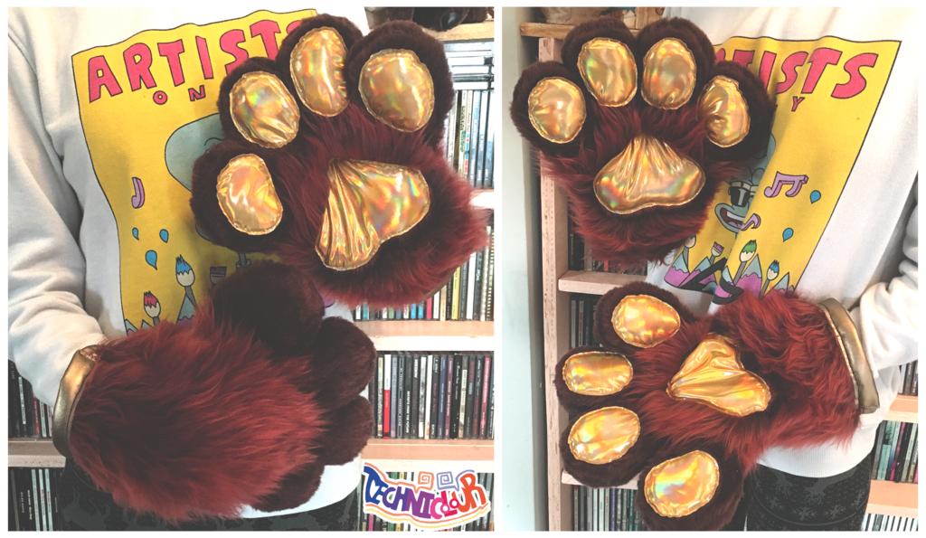 Brown Fursuit Handpaws With Rainbow Gold Pawpads