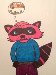 Pink raccoon me thinking about the bus...