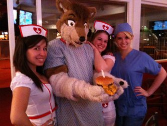 Dingo with nurses at Heart Attack Grill