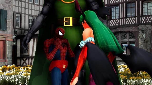 Baby spiderman and mommy Morrigan and daddy Doctor Doom