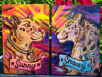 Sunny and Snowy - badges - pyrography