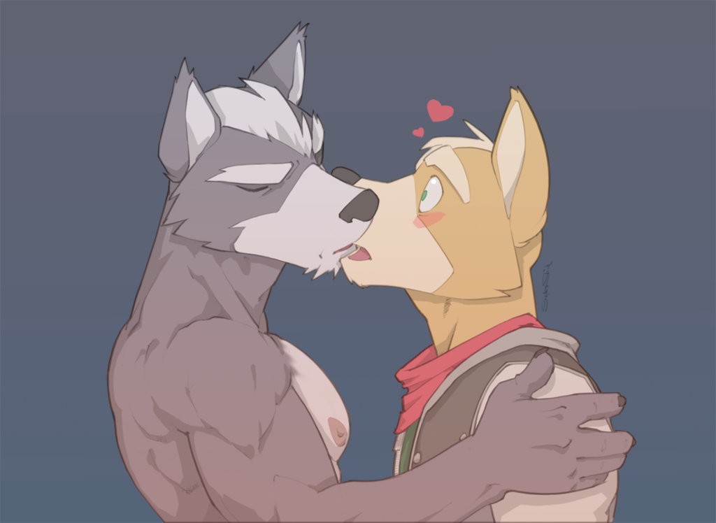 Fanart of Fox McCloud and Wolf O'Donnell having a smooch. 
