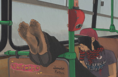 Emo boy barefoot on the bus