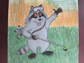 Jasper Raccoon Mowing the Weeds
