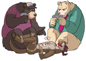 "Two bears playing cards on an Otter"