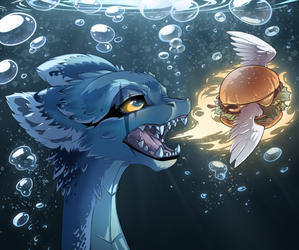 Dragon Eating Flaming Winged Underwater Burger