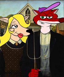 American Gothic Painting with Foxes and Doey