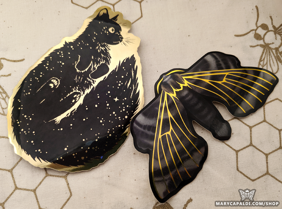 New Shiny Gold Cat & Moth Stickers!