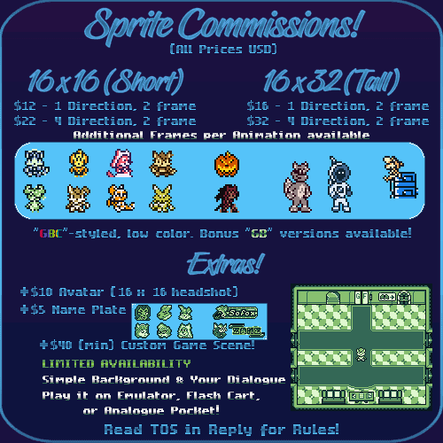 Most recent image: "GBC"-styled Pixel Art Sprites Available! 4 Slots Left!