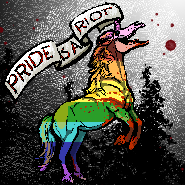 Rainbow Unicorn stands on hind legs, with a banner that says Pride is a Riot